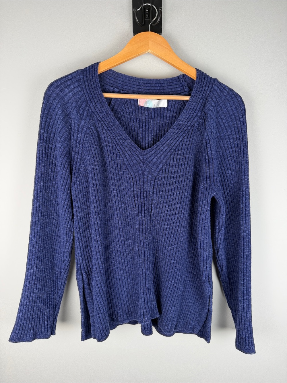 FP BEACH Navy Comfy Coastal Ribbed V-Neck Sweater